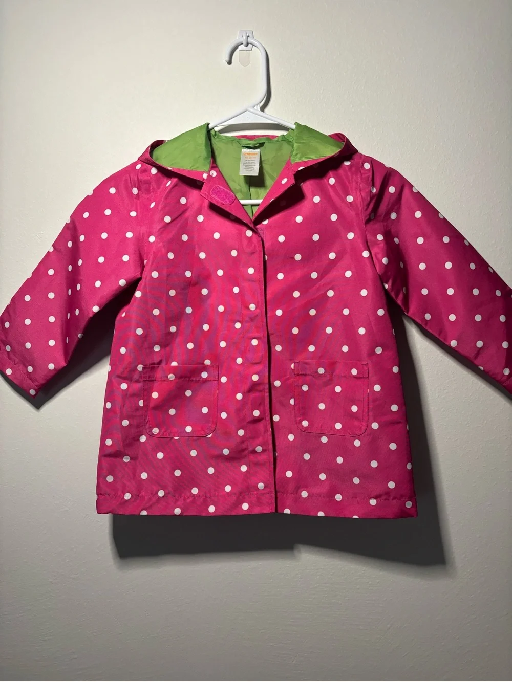 Gymboree Girls' Pink Polka Dot Hooded Raincoat w/ Pockets, Green Lining XS(3-4)